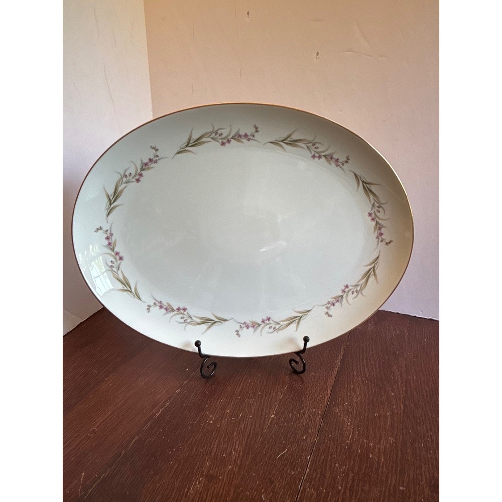Prestige Fine China Japan Oval Serving Platter Pink Floral Gold Rim 14 Inch